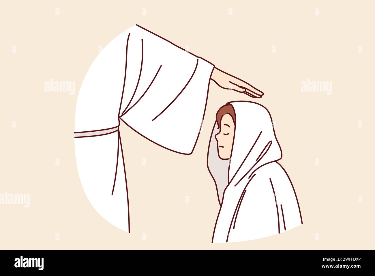Rituel religieux avec garçon d'initiation à la fraternité, et main de l'apôtre en robe blanche au-dessus de la tête de l'enfant. Cérémonie religieuse avec membre de la secte pendant la prononciation du serment ou le baptême de l'adolescent Illustration de Vecteur