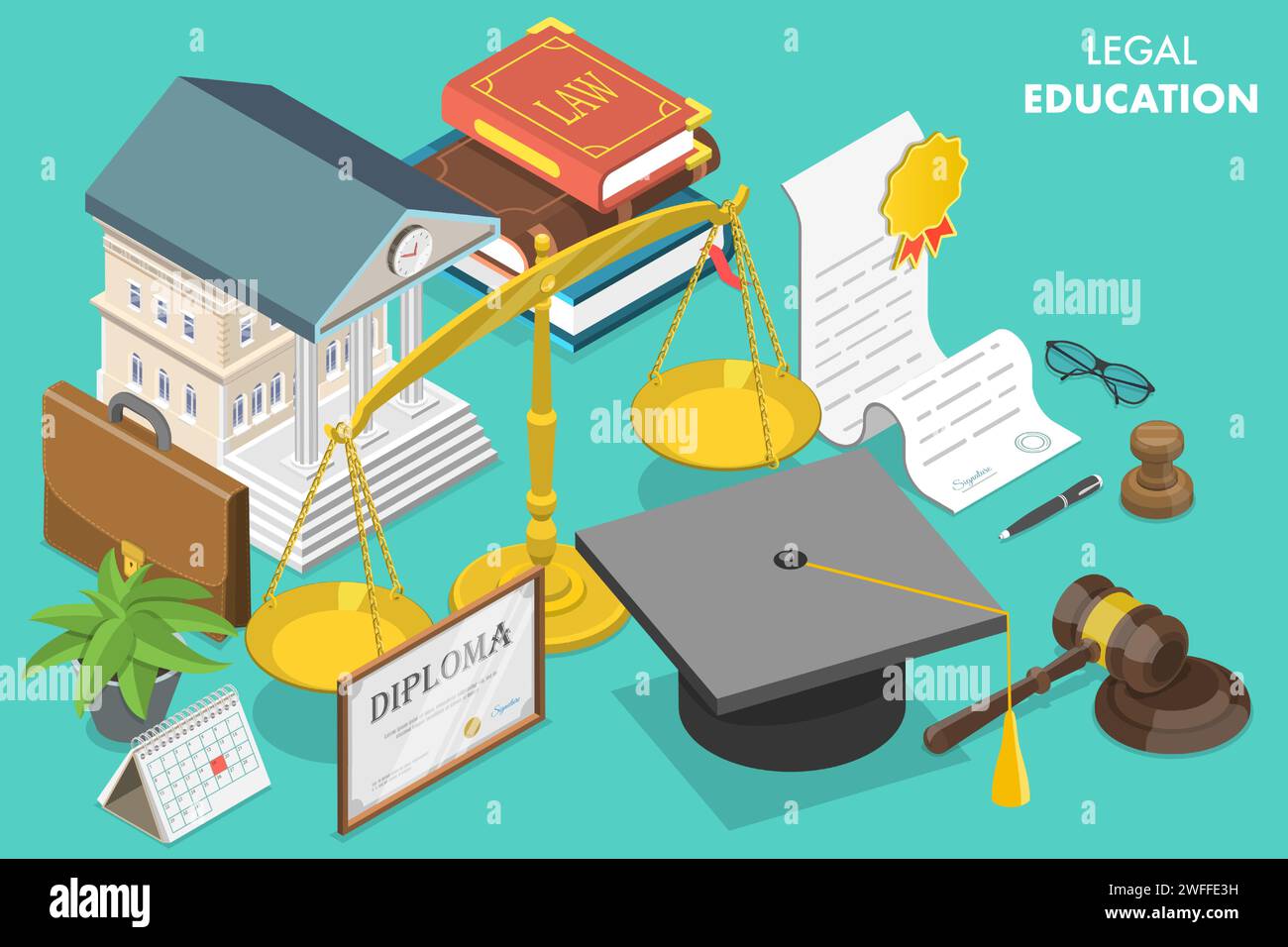Illustration conceptuelle isométrique à vecteur plat 3D de l'éducation juridique, apprentissage du droit. Illustration de Vecteur