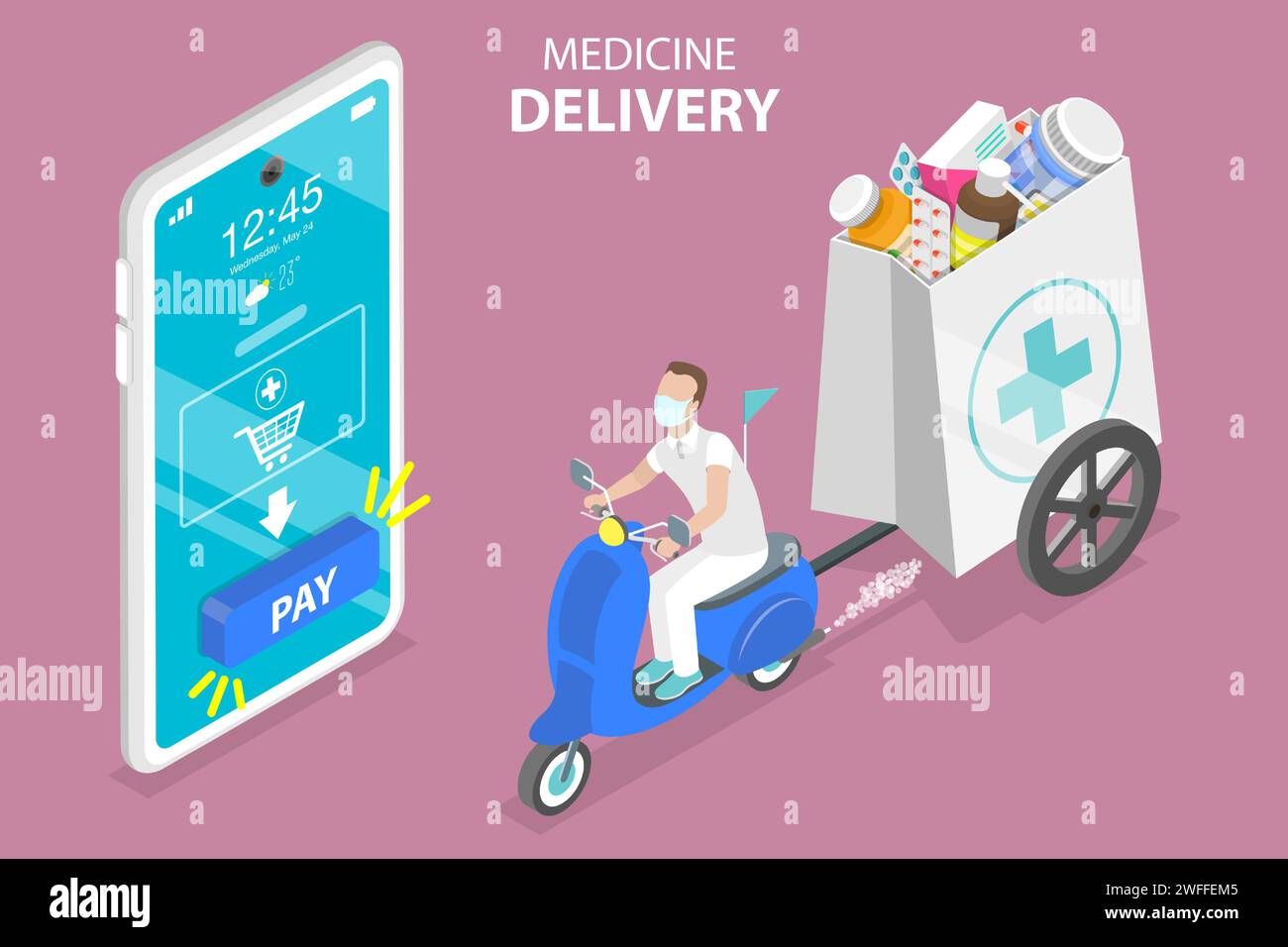 Illustration conceptuelle isométrique à vecteur plat 3D d'assurer la livraison sûre de la médecine, service de courrier médical Illustration de Vecteur