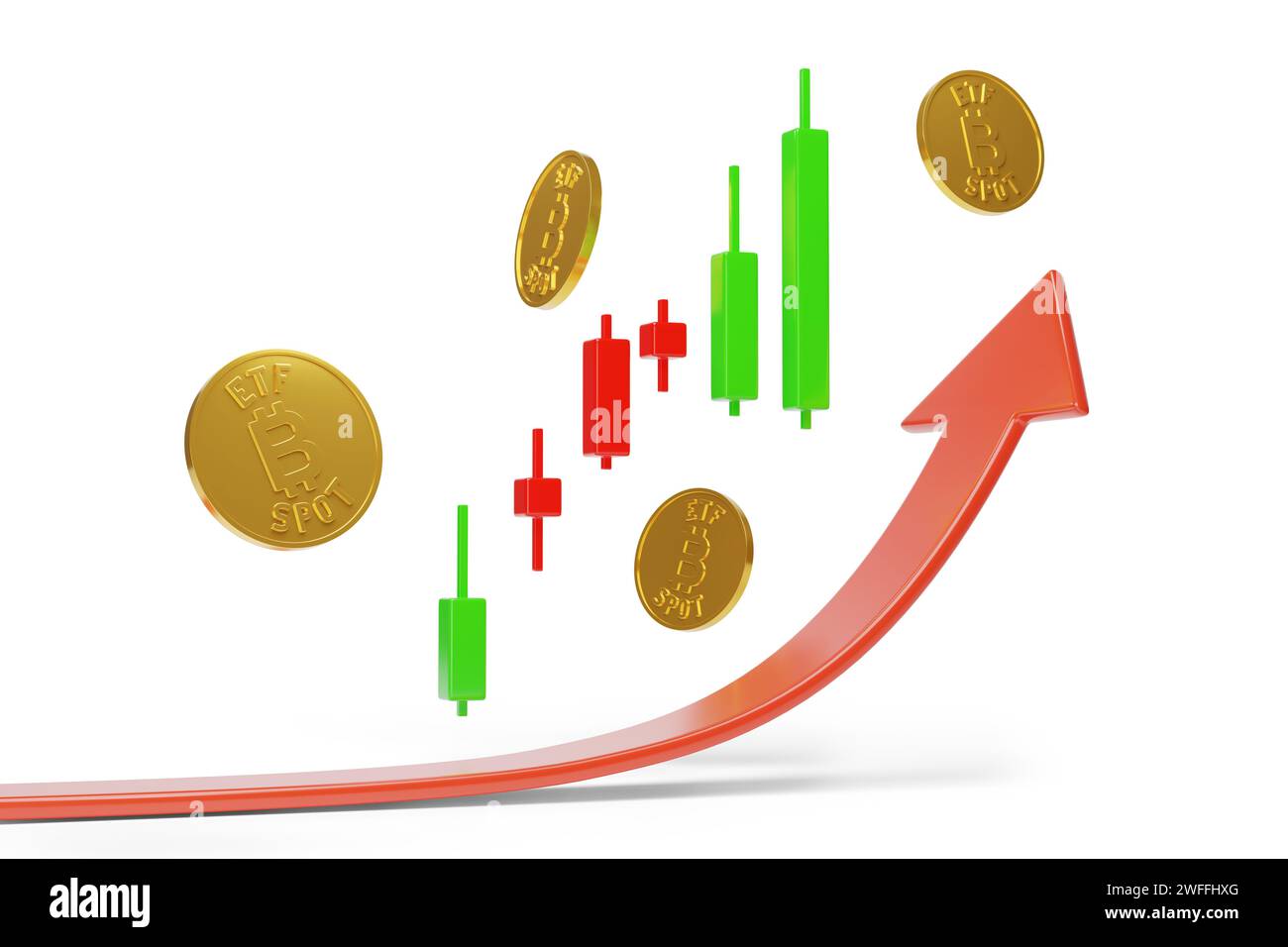 Bitcoin ETF Spot avec graphique en chandelier et flèche de croissance isolée sur fond blanc. illustration 3d. Banque D'Images