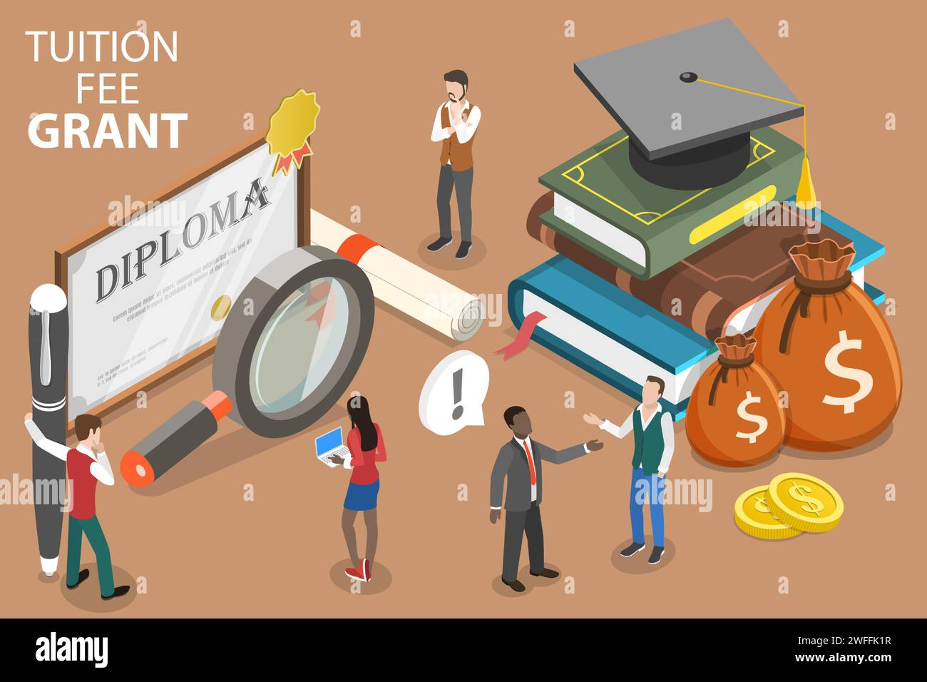 Illustration conceptuelle isométrique à vecteur plat 3D de la subvention de frais de scolarité, programmes d'enseignement supérieur. Illustration de Vecteur