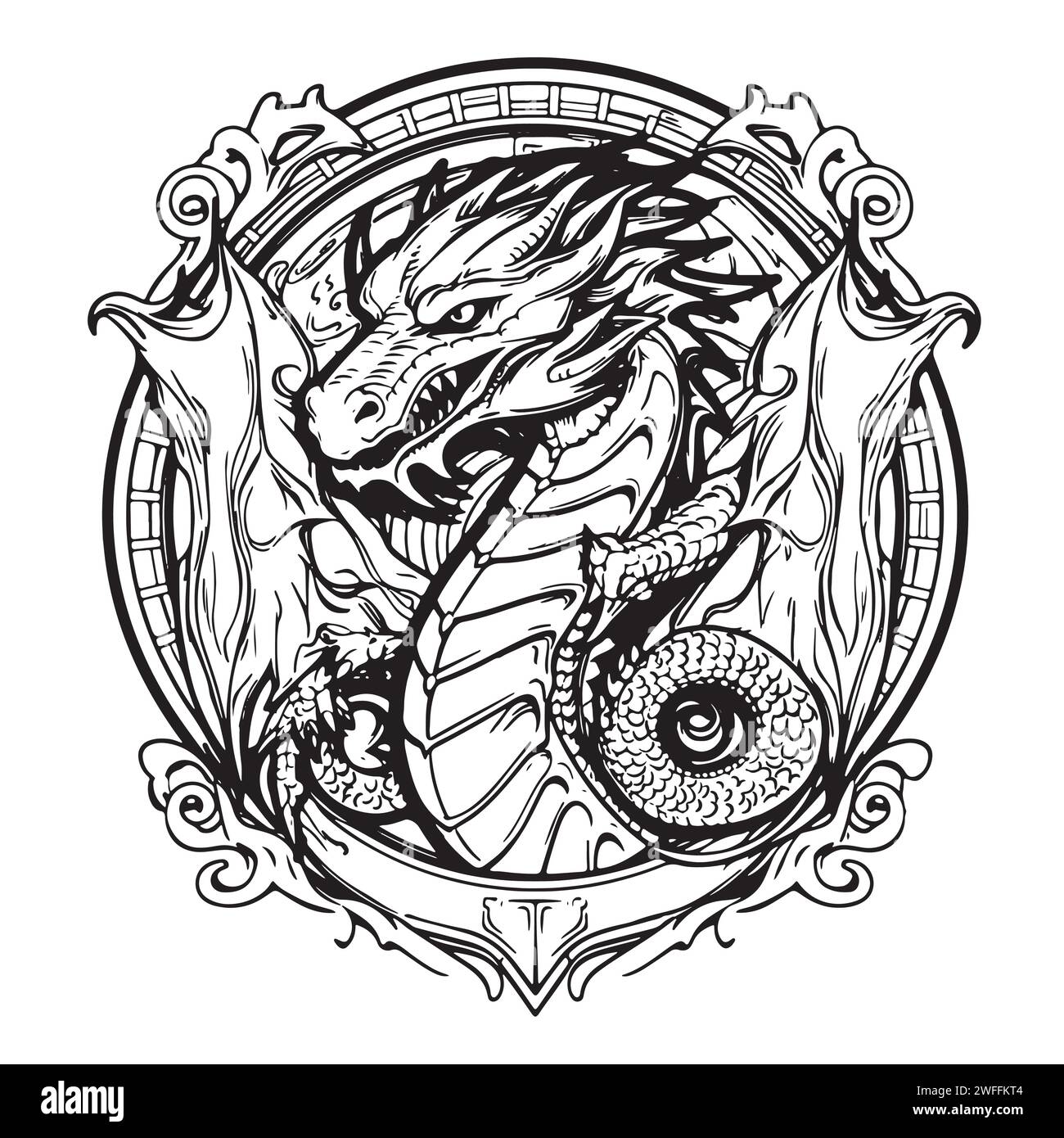Image vectorielle d'un bouclier héraldique avec un dragon, dragon héraldique avec des ailes regardant vers le centre sur un fond blanc. Armoiries, héraldique, emblème, symbole. Dessin au trait Illustration de Vecteur
