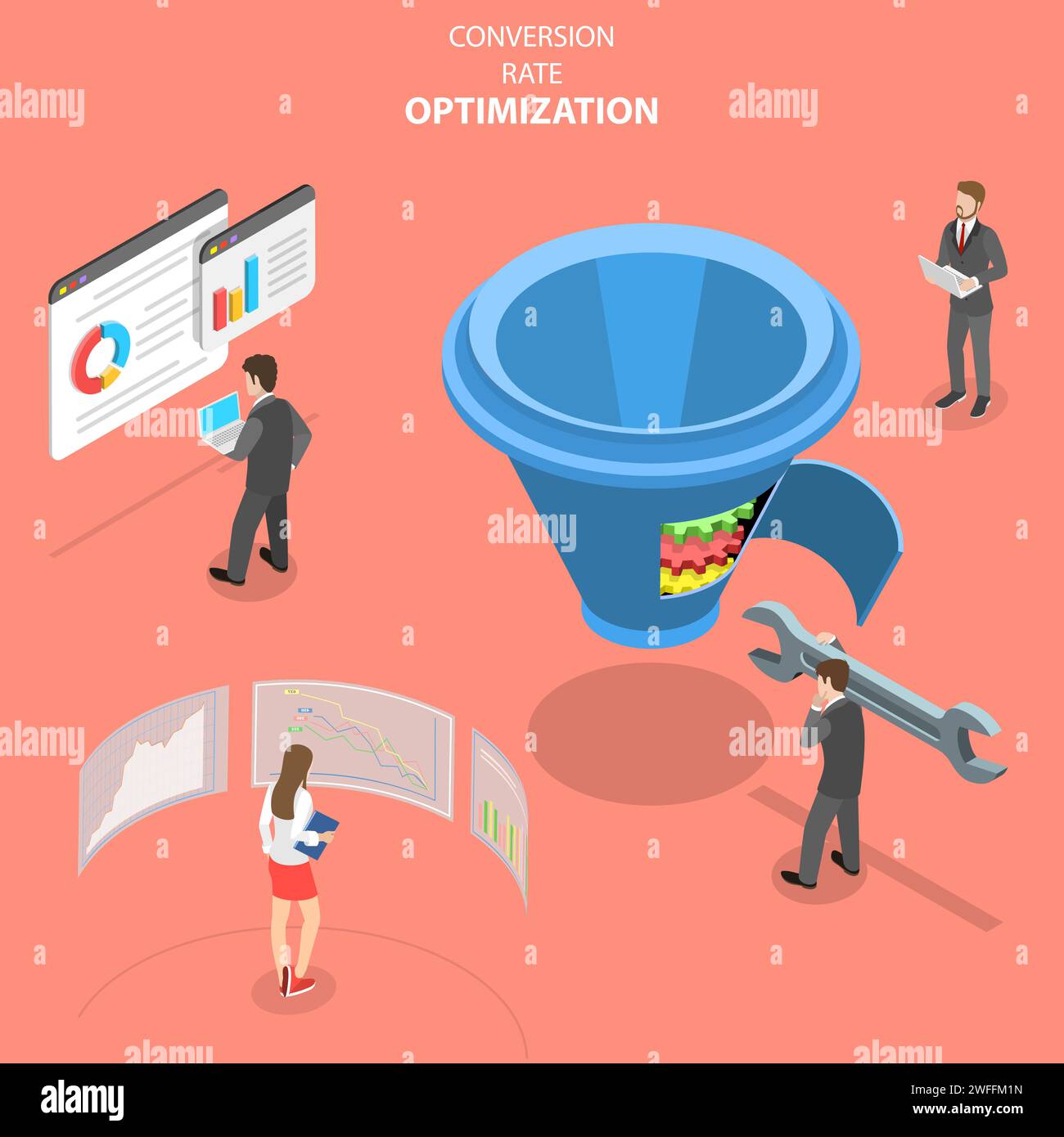 Concept isométrique de vecteur plat de l'optimisation du taux de conversion, entonnoir de marketing, stratégie de marketing numérique. Illustration de Vecteur