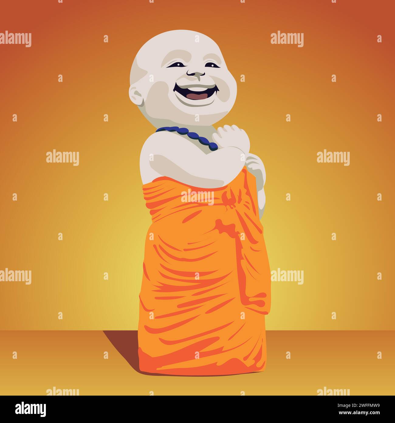 heureux petit bouddha debout. Statue de personnage de dessin animé de moine bouddhiste. Illustration de Vecteur