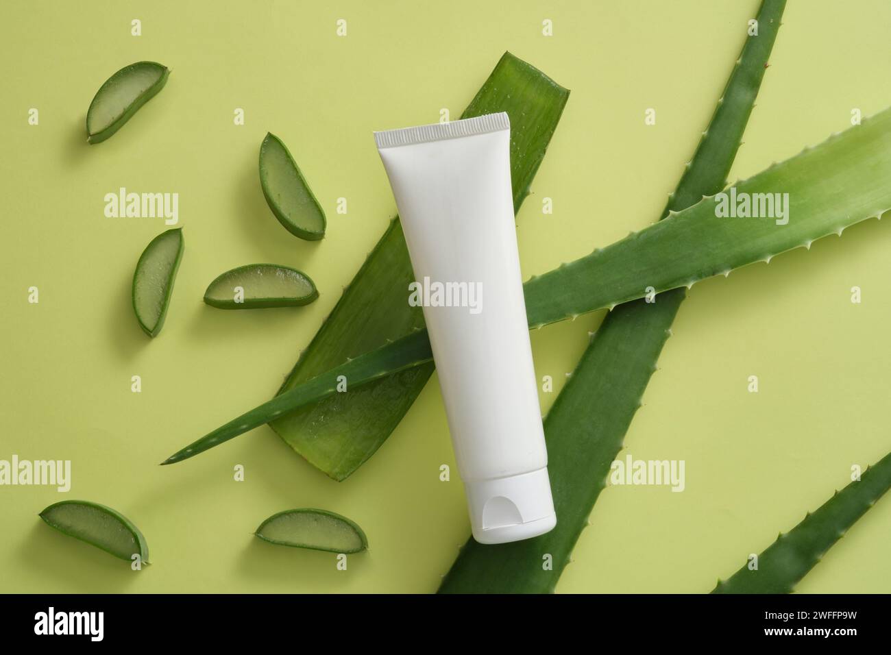 Récipient blanc sans marque décoré de plusieurs tranches et feuilles d'Aloe vera. L'aloe vera (Aloe barbadensis miller) a des propriétés anti-âge avec vitam Banque D'Images