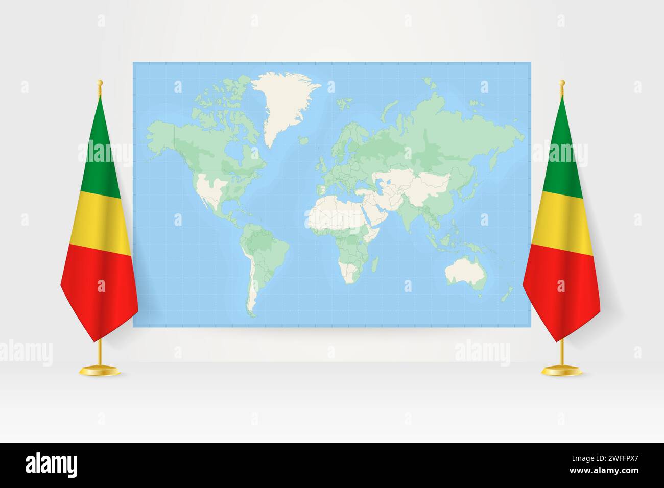 Carte du monde entre deux drapeaux suspendus du Congo sur le stand de drapeau. Illustration vectorielle pour réunion diplomatique, conférence de presse et autres. Illustration de Vecteur