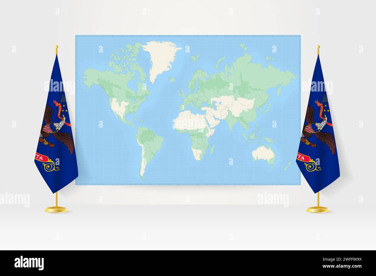 Carte du monde entre deux drapeaux suspendus du Dakota du Nord sur le stand de drapeau. Illustration vectorielle pour réunion diplomatique, conférence de presse et autres. Illustration de Vecteur