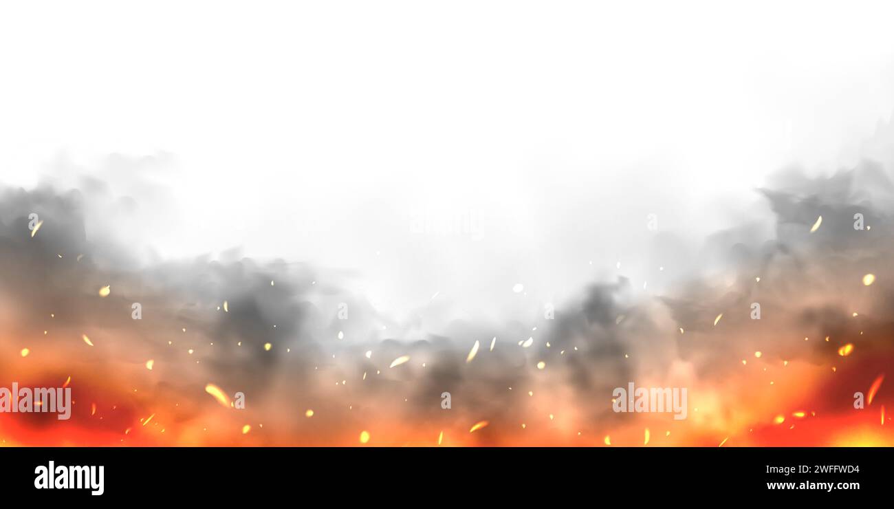 Fumée réaliste noire, nuages de poussière isolés sur fond blanc. Pollution par le smog ou le brouillard sale. Pollution de l'air, effet de brume. Fumée provenant d'un incendie ou d'une explosion Illustration de Vecteur