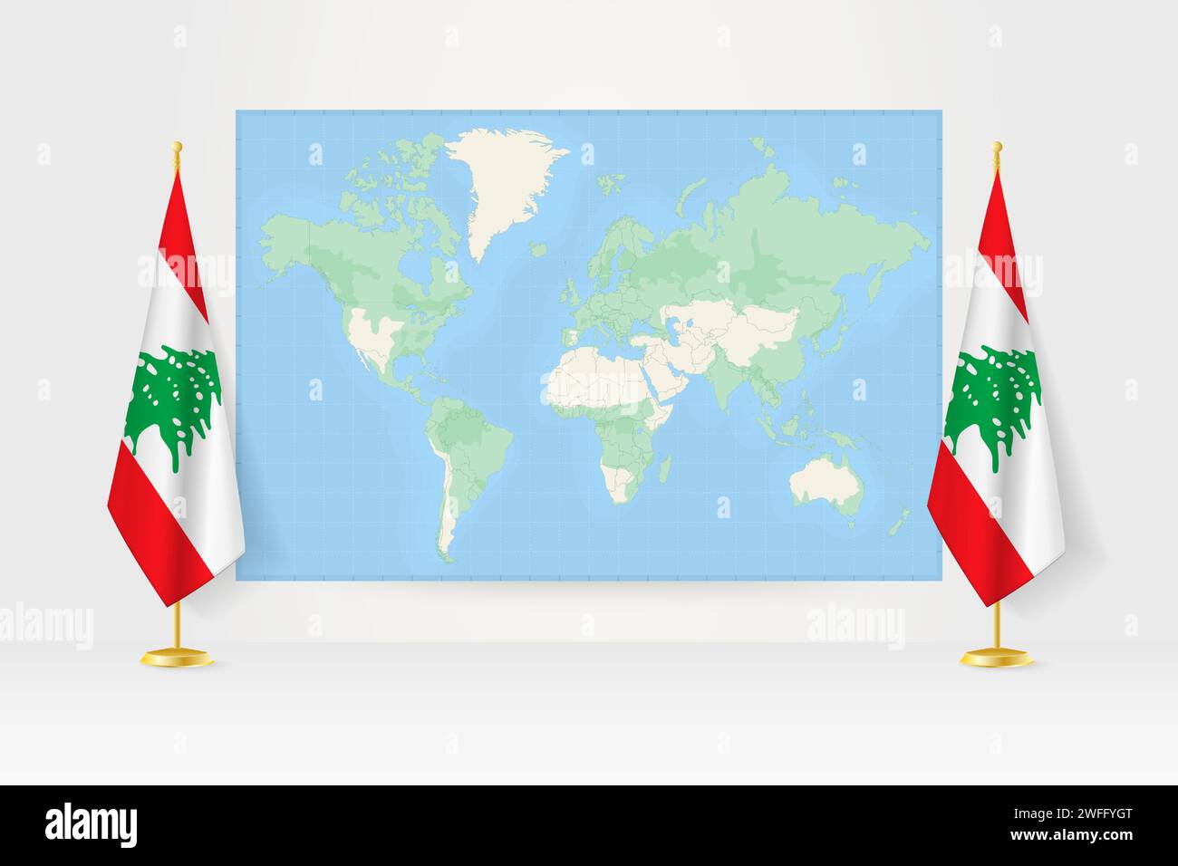 Carte du monde entre deux drapeaux suspendus du Liban sur le stand de drapeau. Illustration vectorielle pour réunion diplomatique, conférence de presse et autres. Illustration de Vecteur