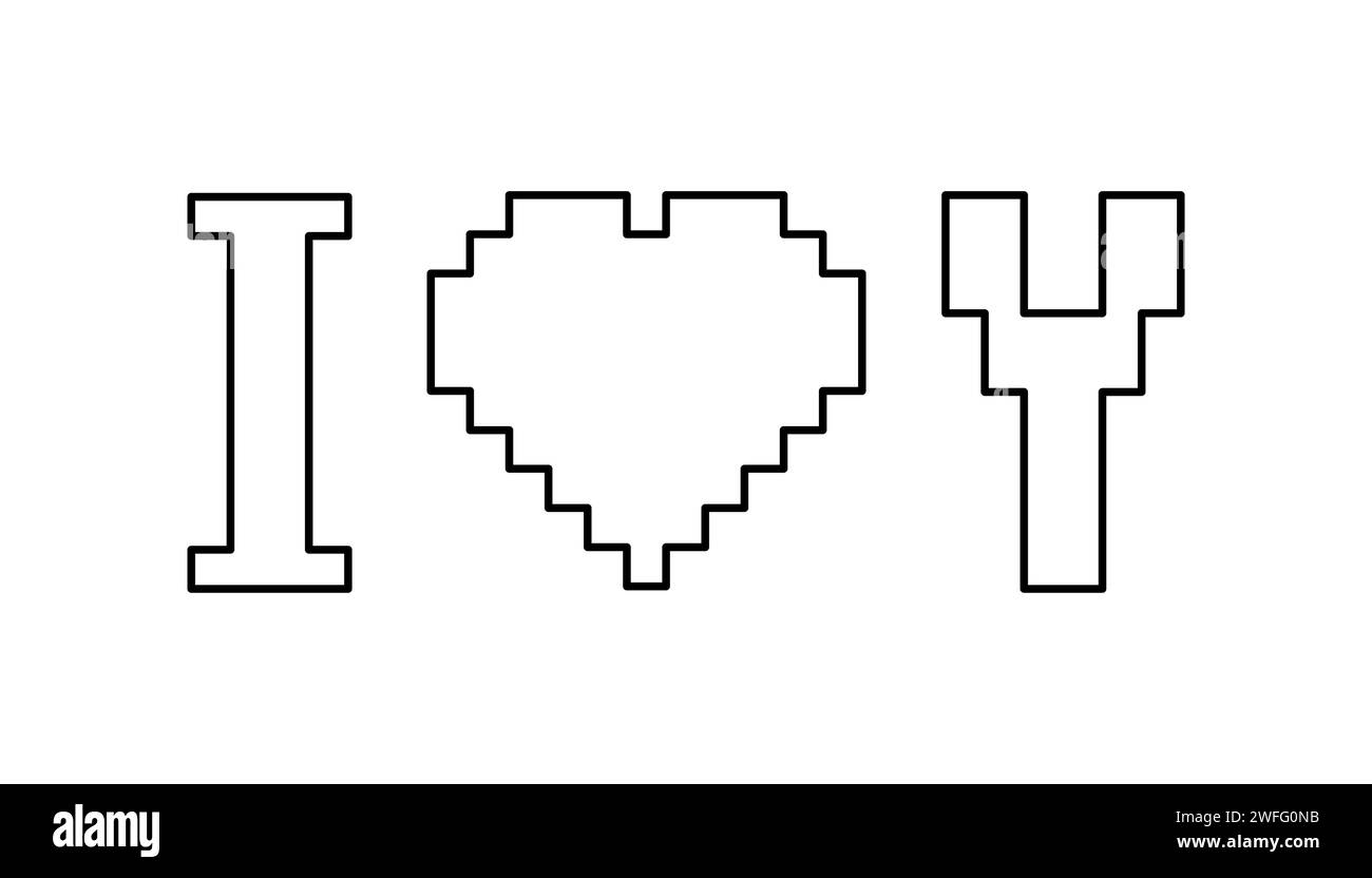 Je t'aime phrase avec coeur dans le style pixel art, dessin vectoriel plat de style doodle pour le livre de coloriage Illustration de Vecteur