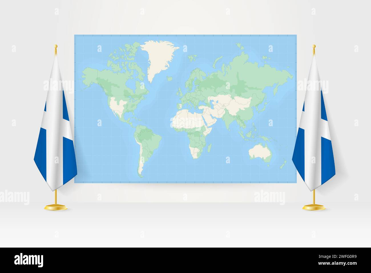 Carte du monde entre deux drapeaux suspendus de l'Écosse sur le stand de drapeau. Illustration vectorielle pour réunion diplomatique, conférence de presse et autres. Illustration de Vecteur