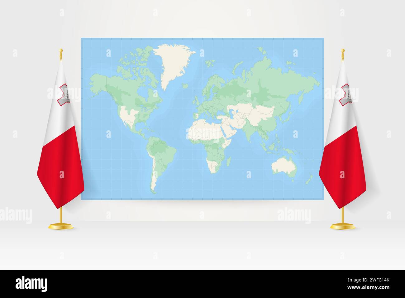 Carte du monde entre deux drapeaux suspendus de Malte sur le stand de drapeau. Illustration vectorielle pour réunion diplomatique, conférence de presse et autres. Illustration de Vecteur