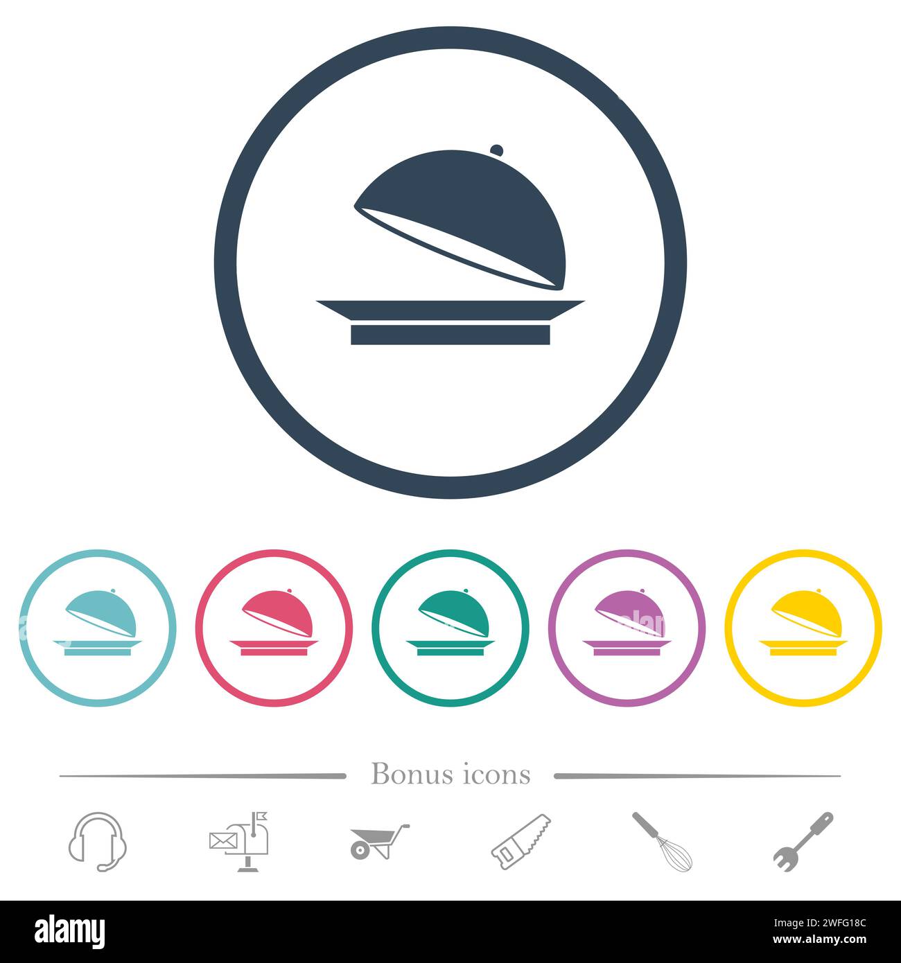 Ouvrez les icônes de couleur plate du plateau alimentaire dans les contours ronds. 6 icônes bonus incluses. Illustration de Vecteur
