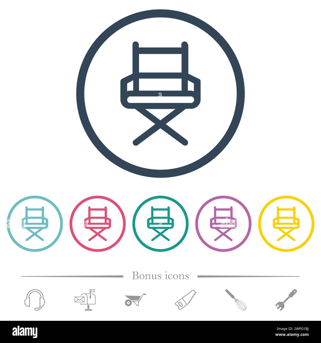 Le fauteuil directeur présente des icônes de couleur plate dans des contours ronds. 6 icônes bonus incluses. Illustration de Vecteur