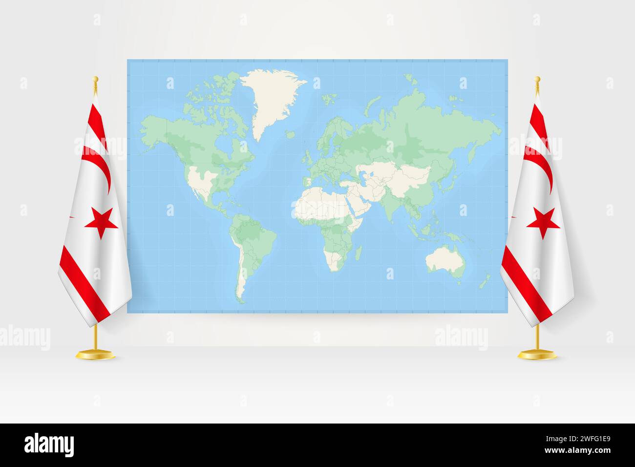 Carte du monde entre deux drapeaux suspendus de Chypre du Nord sur le stand de drapeau. Illustration vectorielle pour réunion diplomatique, conférence de presse et autres. Illustration de Vecteur