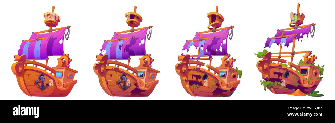 Vieux voilier abandonné cassé avec trou dans le pont en bois et voiles déchirées à différents stades de dommages. Ensemble de vecteur de dessin animé du processus de destruction de corsair vintage. Impacts d'un naufrage ou d'une corvette. Illustration de Vecteur