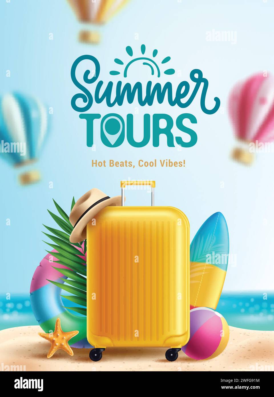 Conception d'affiche vectorielle de voeux de visites d'été. Texte de visites d'été avec bagage sac, planche de surf et flotteurs en bord de mer de sable pour fond de saison tropicale Illustration de Vecteur