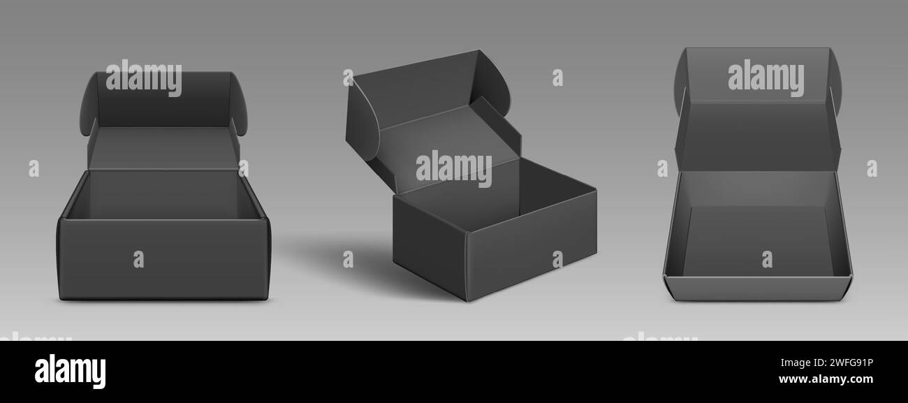 Ensemble 3D de boîtes noires ouvertes isolées sur fond. Illustration réaliste de vecteur de maquette d'emballage de carton vide pour les cosmétiques de luxe, chaussures, ordre d'achat, conteneur en papier vierge pour la livraison de marchandises Illustration de Vecteur