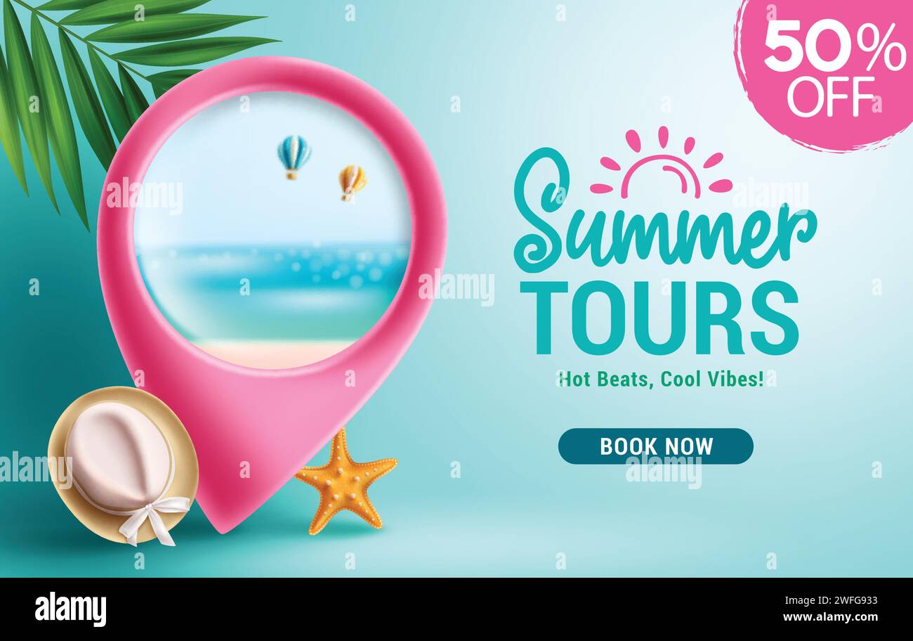 Bannière vectorielle de site Web de visites d'été. Excursions d'été avec l'icône de lieu de voyage PIN dans la plage tropicale place pour le fond de bannière de site Web. Vecteur Illustration de Vecteur