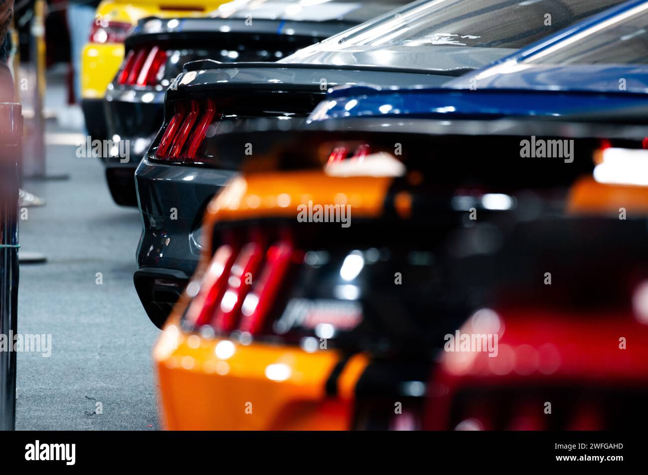 Bogota, Colombie. 28 janvier 2024. Plusieurs générations de Ford Mustangs sont exposées lors du MCM Show 2024 à Bogota, en Colombie, où les fans et collectionneurs d'automobiles se réunissent pour apprécier la culture automobile colombienne autour du tuning, des supercars et des classiques, le 28 janvier 2024. Photo : CHEPA Beltran/long Visual Press crédit : long Visual Press/Alamy Live News Banque D'Images