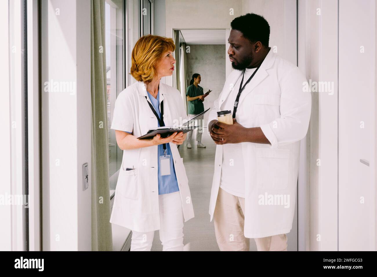 Médecin senior discutant sur le dossier médical avec un jeune collègue masculin tout en marchant dans le couloir de l'hôpital Banque D'Images