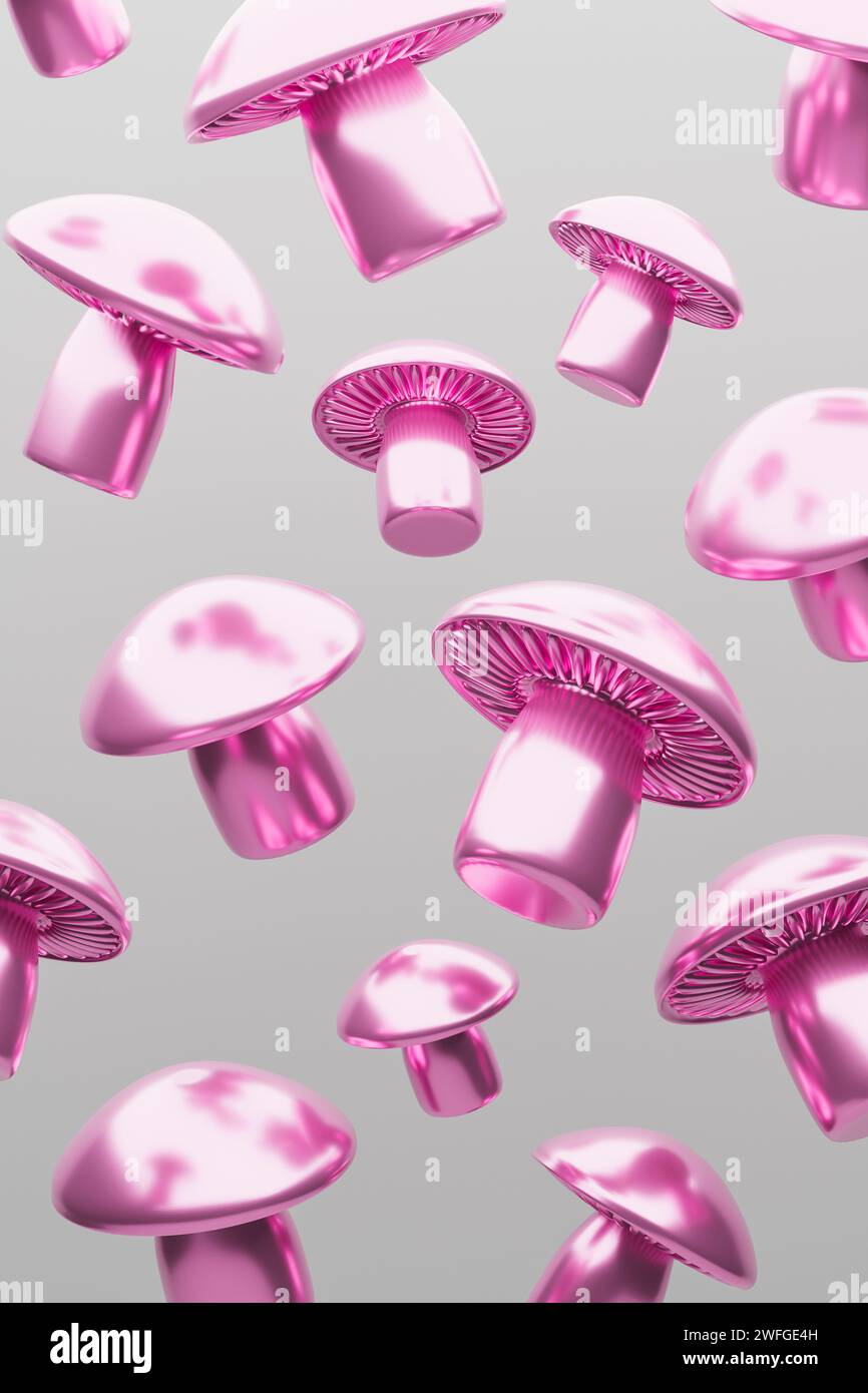 Champignons brillants roses en lévitation sur fond gris. Rendu 3D. Banque D'Images