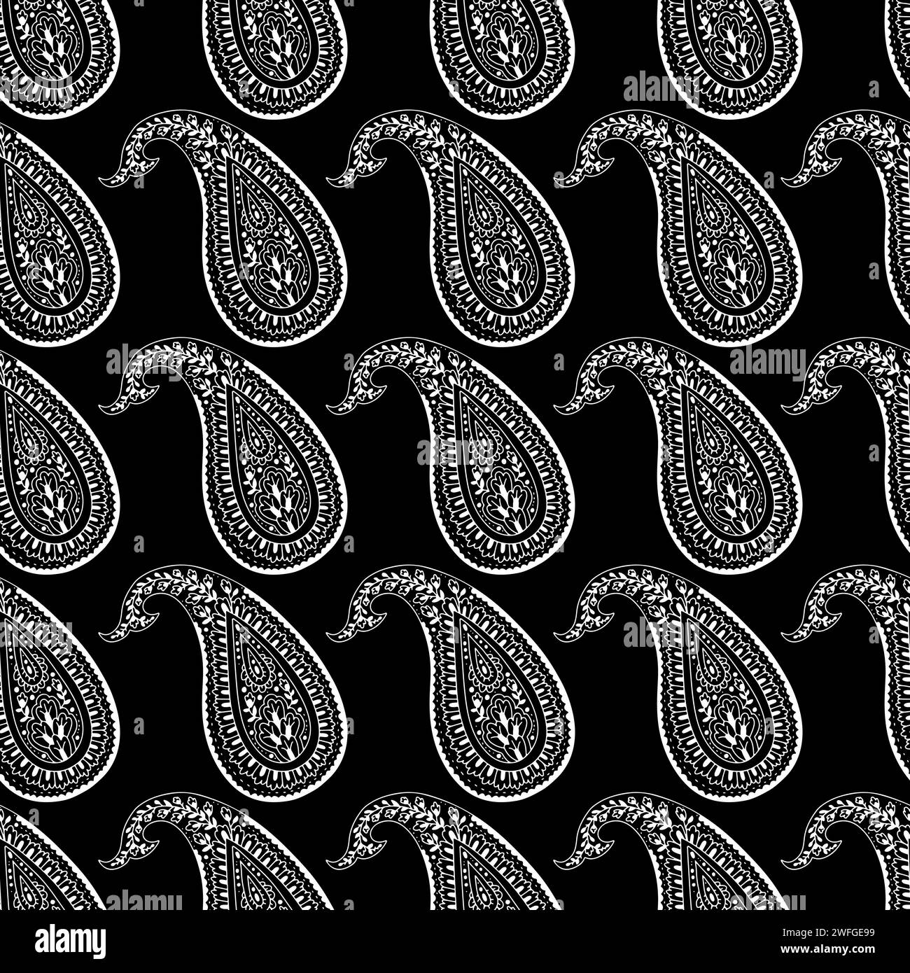 Modèle sans couture Monohcrome avec motifs Paisley sur fond noir Illustration de Vecteur