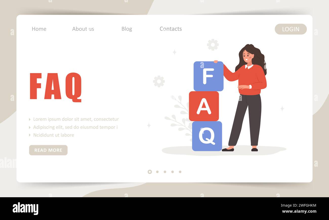 Concept FAQ. Modèle de page d'arrivée. Femme debout à proximité de grands cubes avec des lettres FAQ. Assistance clientèle et service d'assistance en ligne. Vecteur Illustration de Vecteur