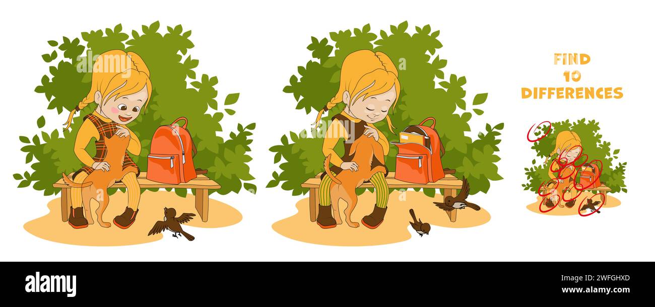 Trouver des différences. Illustration de dessin animé d'une écolière assise sur un banc et caressant un chiot. Tâche d'attention pour la préparation scolaire. Illustration de Vecteur