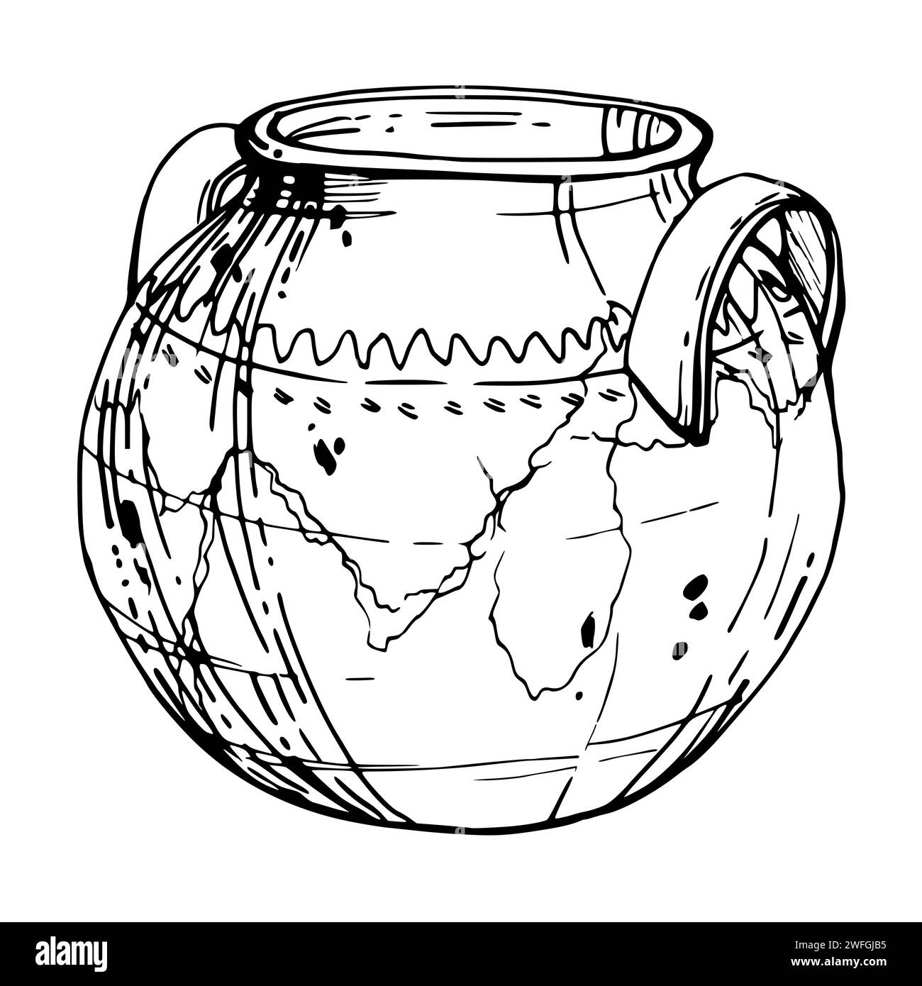 Illustration vectorielle à l'encre dessinée à la main, vase en céramique de poterie en argile traditionnelle faite à la main. Objet unique isolé sur fond blanc. Voyage de conception Illustration de Vecteur