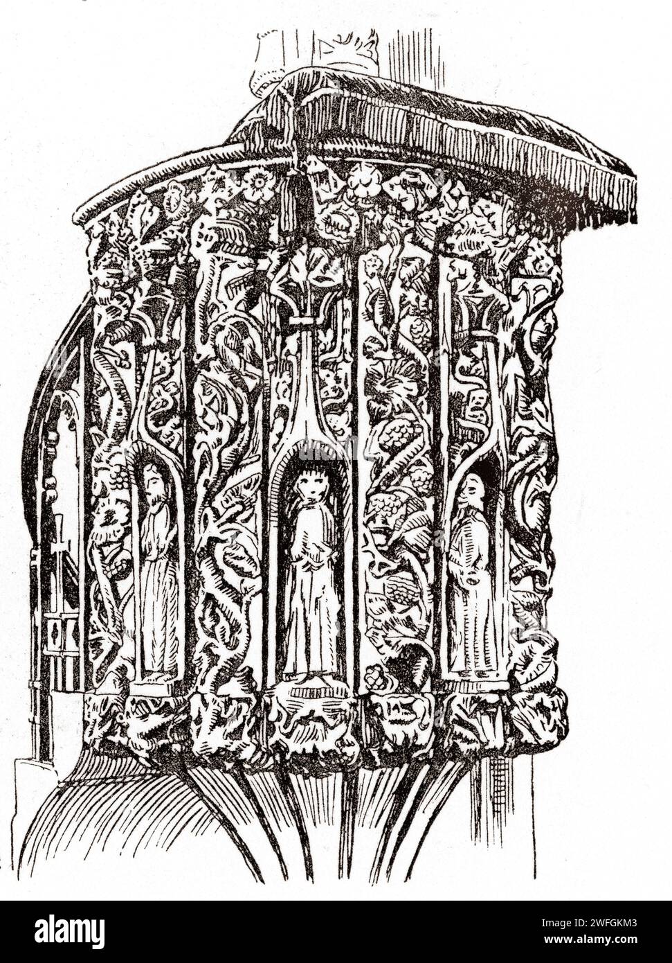 Croquis à la plume et à l'encre - Dittisham, South Hams District, Devon - chaire de l'église St George, la chaire en pierre sculptée et peinte date du 15e siècle. Illustration tirée du livre Glorious Devon de S.P.B. mais, publié par London Great Western Railway Company, 1928 Banque D'Images