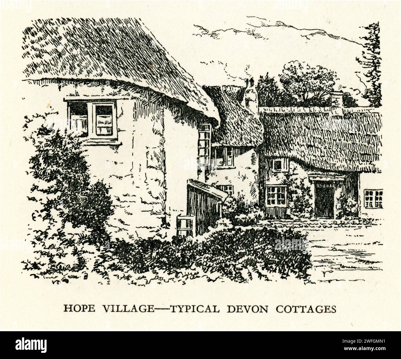 Croquis à la plume et à l'encre - village de l'espoir - chalets typiques du Devon. Extrait du livre Glorious Devon. Par S.P.B. mais, publié par London Great Western Railway Company, 1928 Banque D'Images
