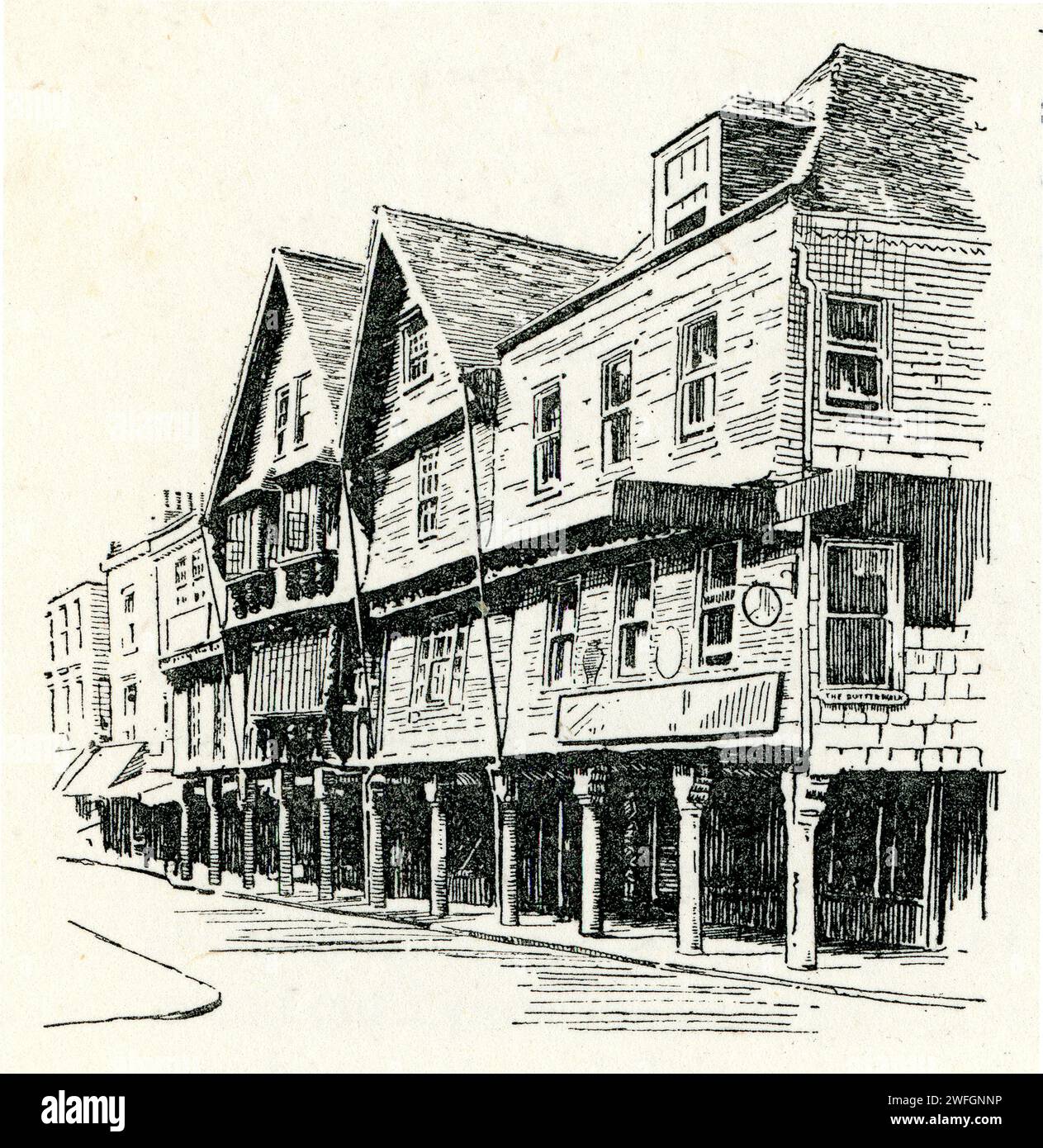 Croquis à la plume et à l'encre - Dartmouth, The Butterwalk. Extrait du livre Glorious Devon. Par S.P.B. mais, publié par London Great Western Railway Company, 1928 Banque D'Images