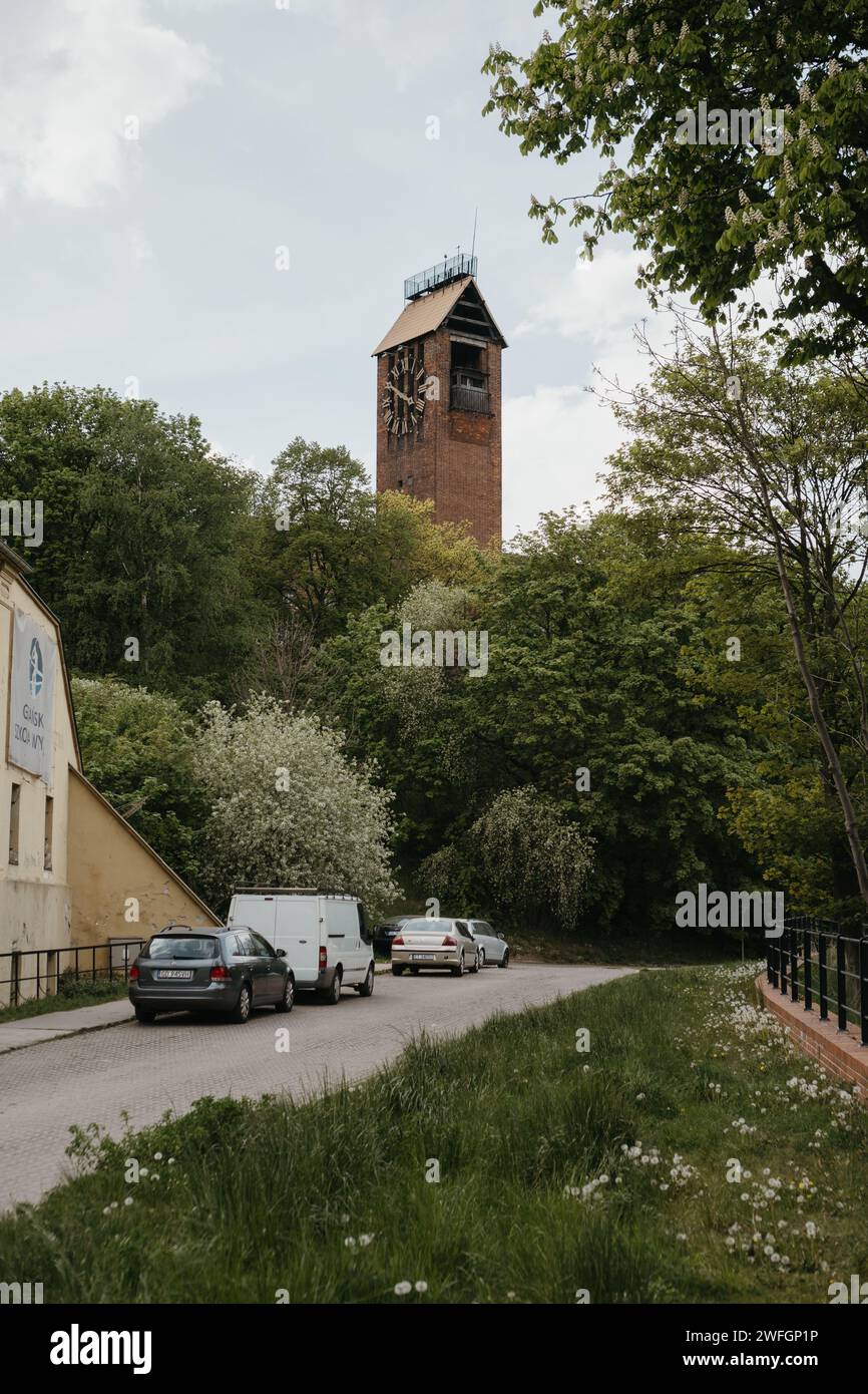 Un plan vertical de voitures garées sur une route de campagne pittoresque près d'une ancienne tour de l'horloge Banque D'Images