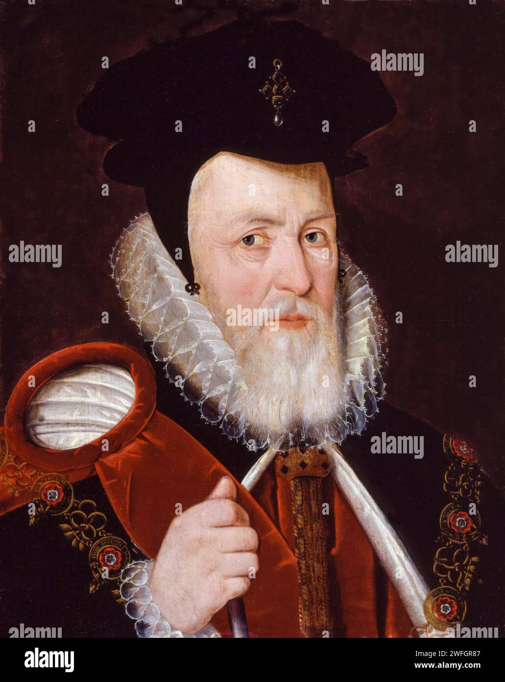 William Cecil, 1e baron Burghley, Lord Burghley (1520-1598), homme d'État anglais, conseiller en chef de la reine Elizabeth I, portrait à l'huile sur panneau, après 1585 Banque D'Images