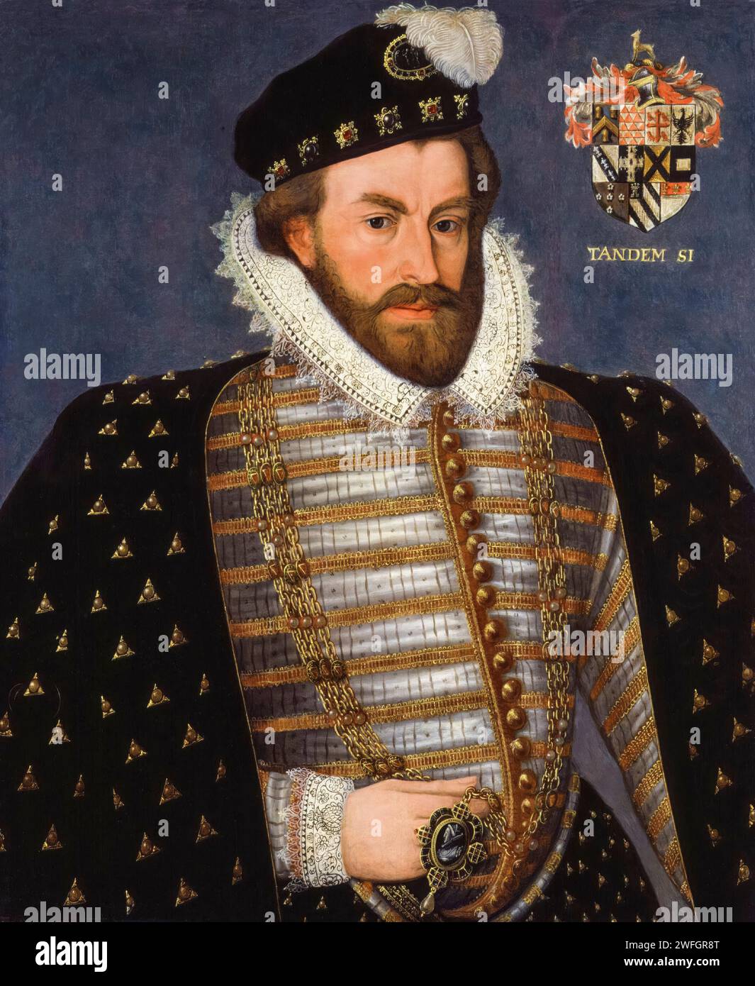 Sir Christopher Hatton (1540-1591), homme politique anglais et lord chancelier d'Angleterre, portrait à l'huile sur panneau, 1600-1699 Banque D'Images