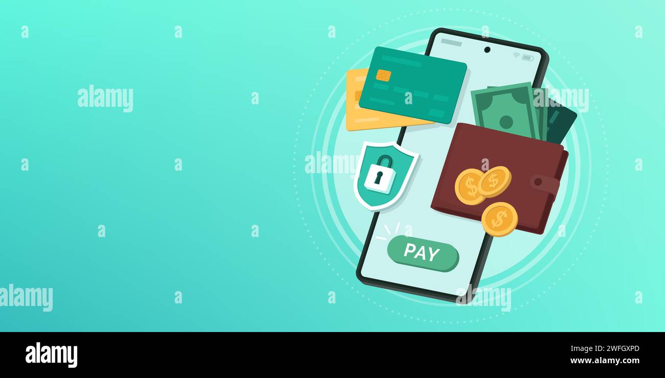 Portefeuille numérique, paiements électroniques et application bancaire en ligne sur smartphone, bannière avec espace de copie Illustration de Vecteur