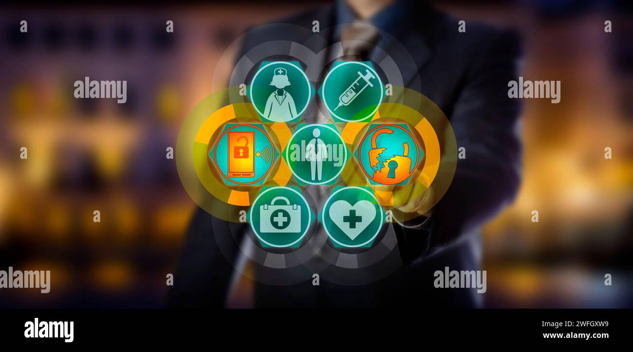 Méconnaissable professionnel lance une cyberattaque sur les données de soins de santé. Concept INFORMATIQUE pour la violation des données de santé, la confidentialité des patients, la sécurité des informations Banque D'Images