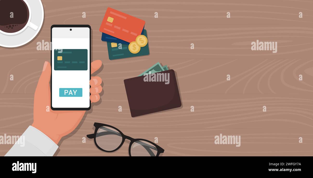 Homme d'affaires effectuant un paiement numérique en utilisant un portefeuille mobile, concept de banque en ligne, bannière avec espace de copie Illustration de Vecteur