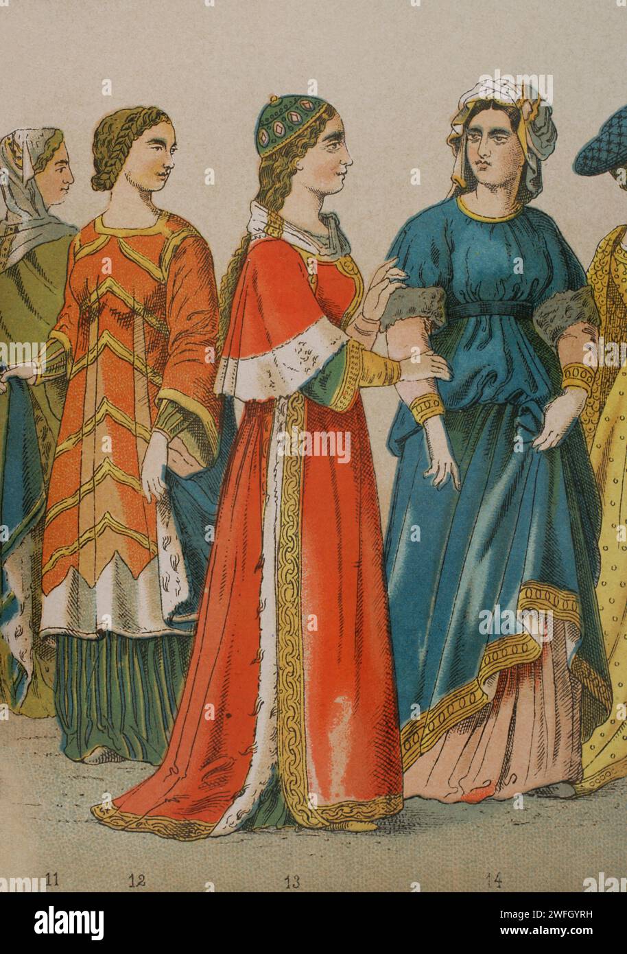 Histoire de l'Italie. 1300. De gauche à droite, 11 : dame, 12 : Laura (femme idéalisée par Pétrarque dans ses poèmes), 13-14 : dames. Chromolithographie. Historia Universal', de César Cantú. Volume VI, 1885. Banque D'Images