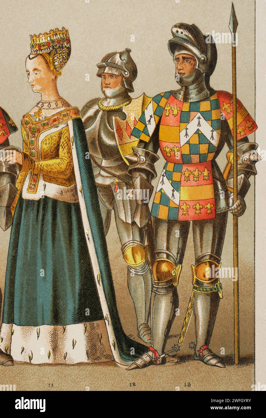 Histoire de l'Angleterre. 1450-1500. De gauche à droite, 11 : Margaret Tudor (1489-1541), reine consort d'Écosse, 12 : chevalier, 13 : comte de Warwick. Chromolithographie. Historia Universal', de César Cantú. Volume VI, 1885. Banque D'Images