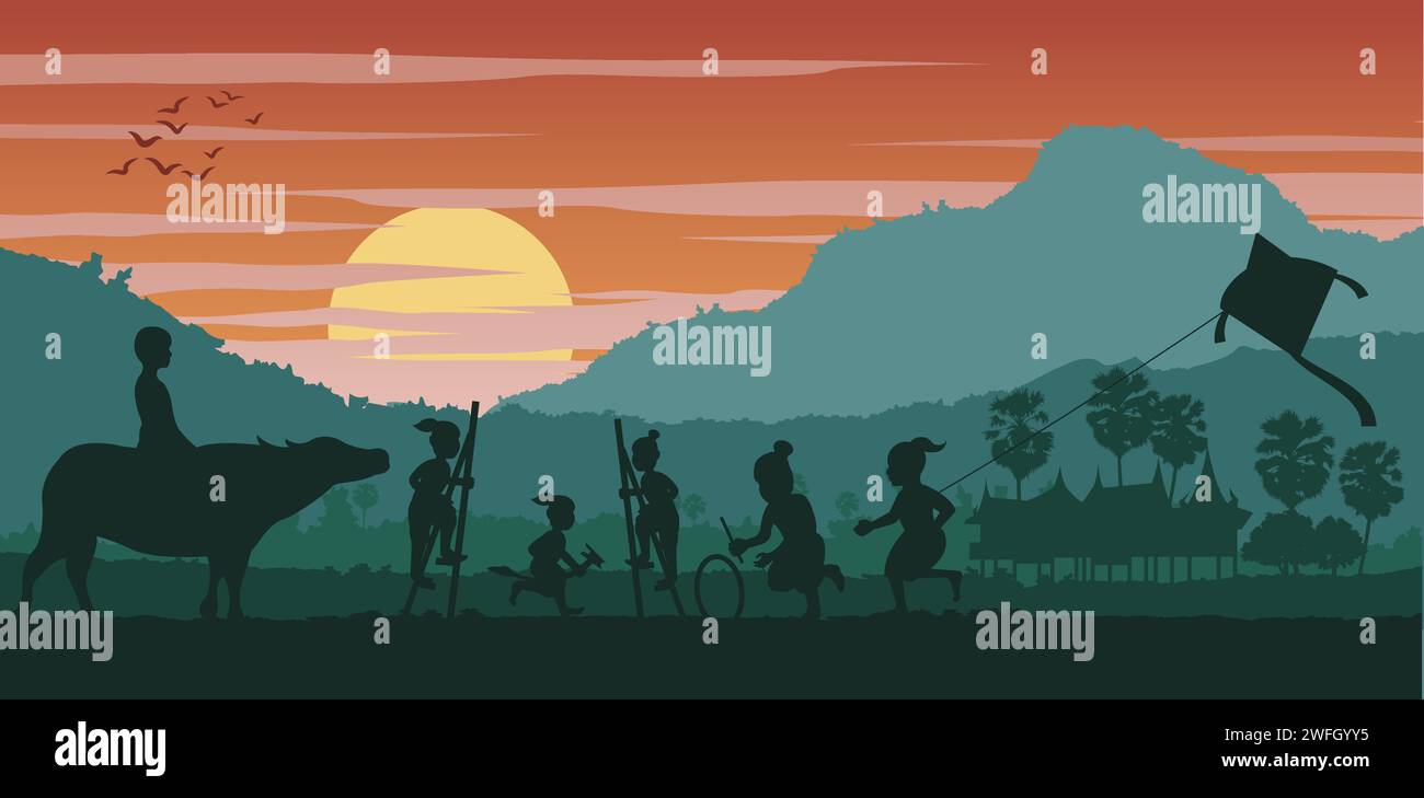 Paysage de silhouette de jeu de pays d'enfantde asean, illustration vectorielle Illustration de Vecteur