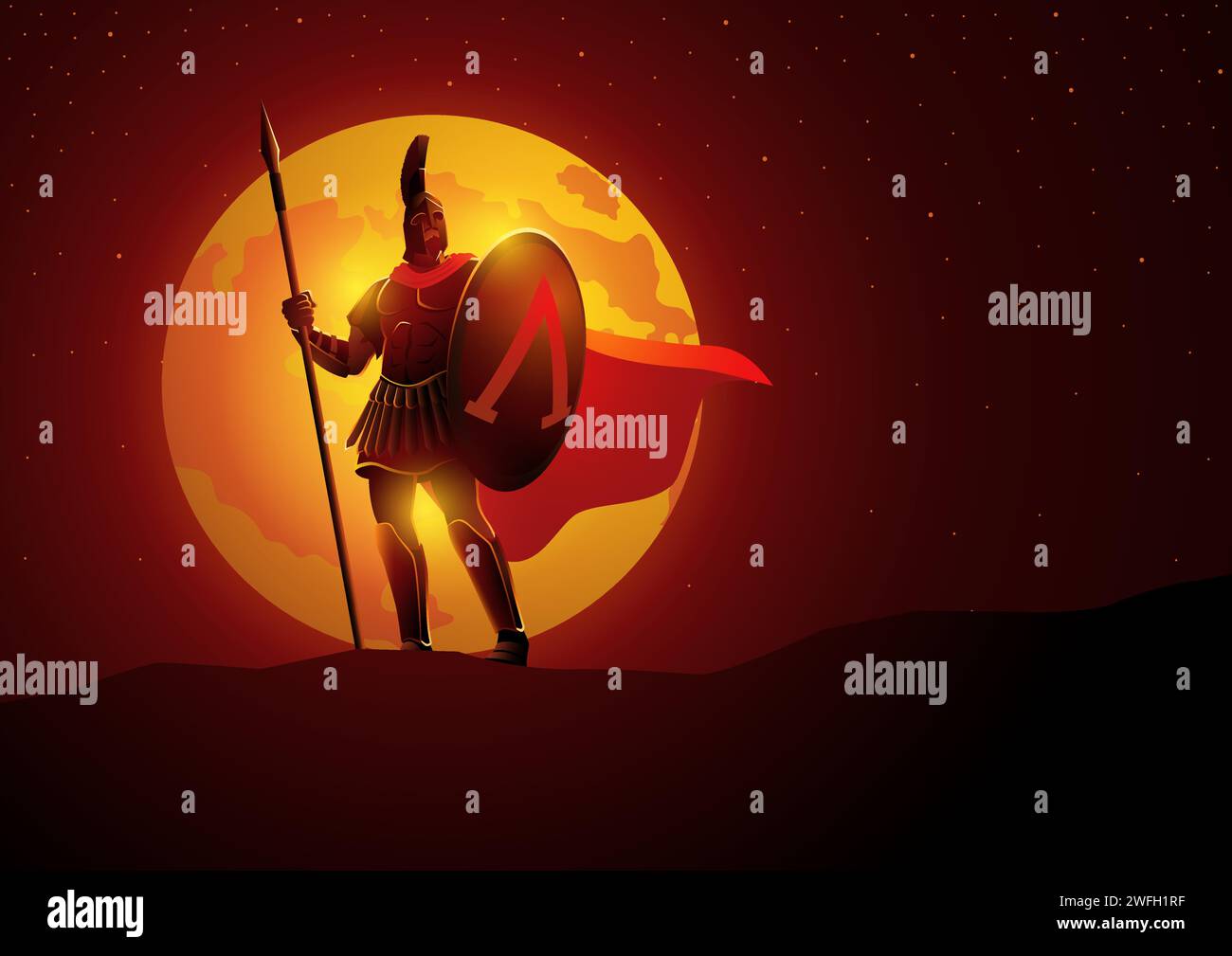 Illustration vectorielle du guerrier spartiate avec son bouclier et sa lance debout courageusement contre la pleine lune Illustration de Vecteur
