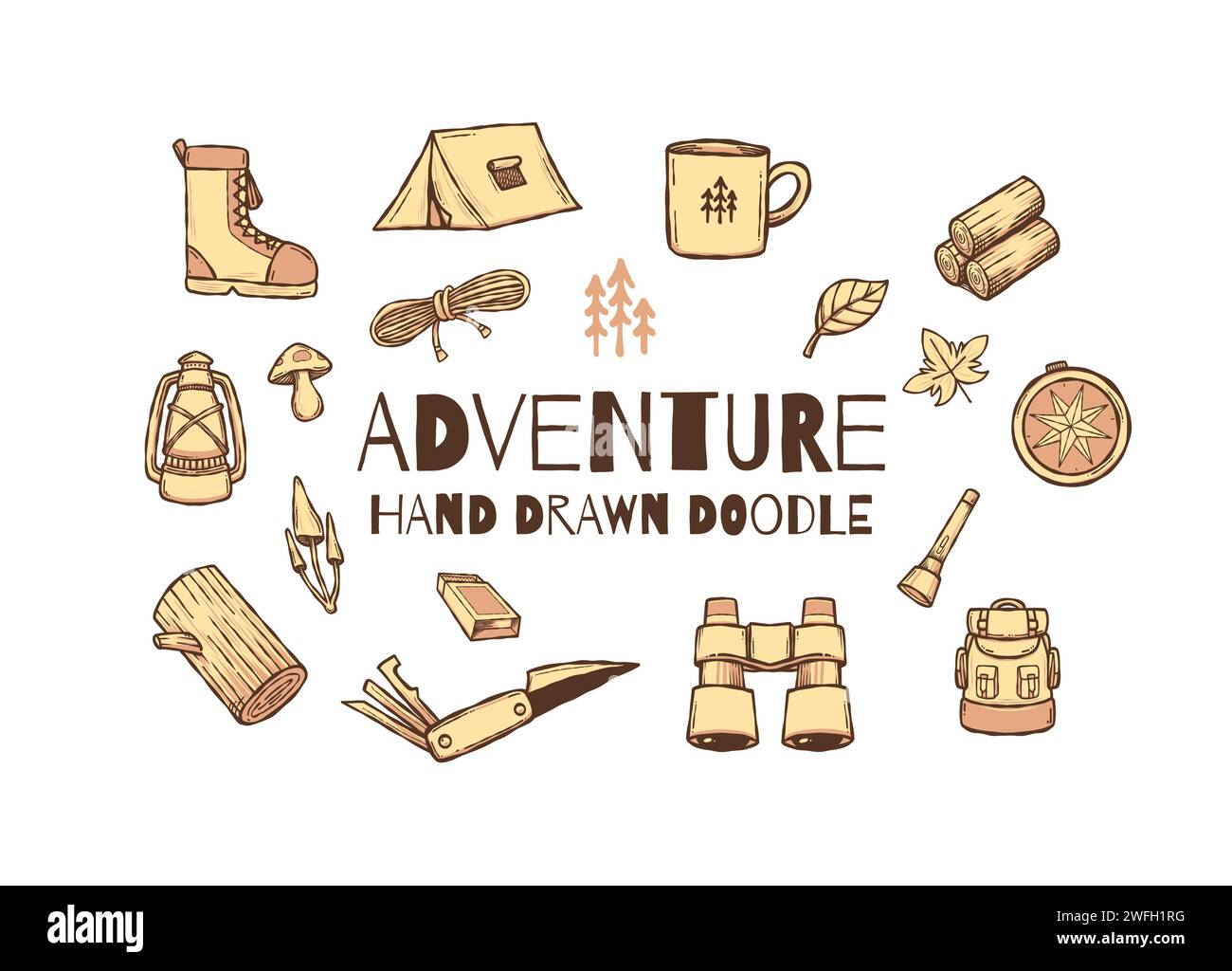 Ensemble de collection d'illustrations vectorielles d'éléments de conception de doodle d'aventure dessinés à la main Illustration de Vecteur