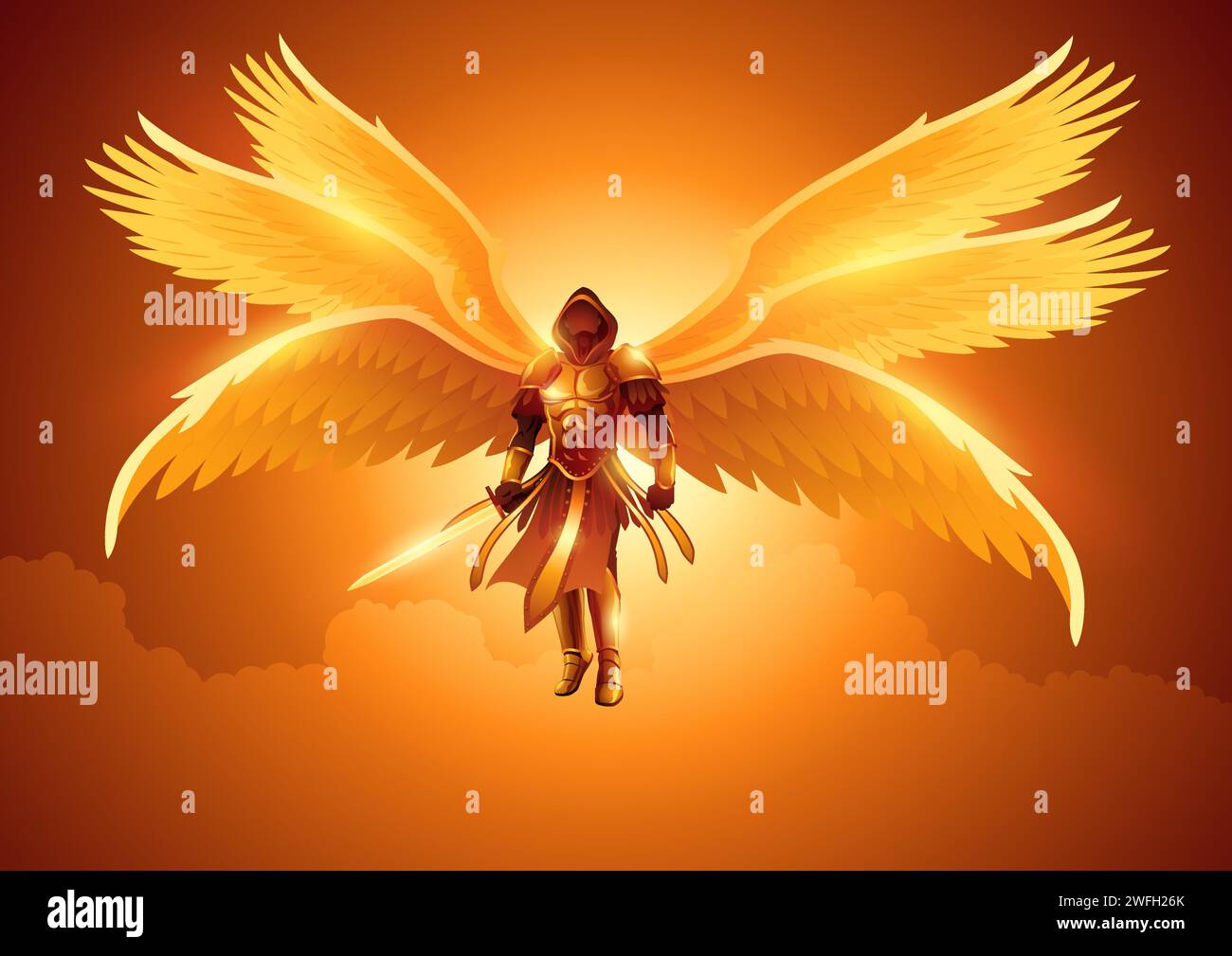 Illustration d'art fantastique de l'Archange avec six ailes tenant une épée Illustration de Vecteur