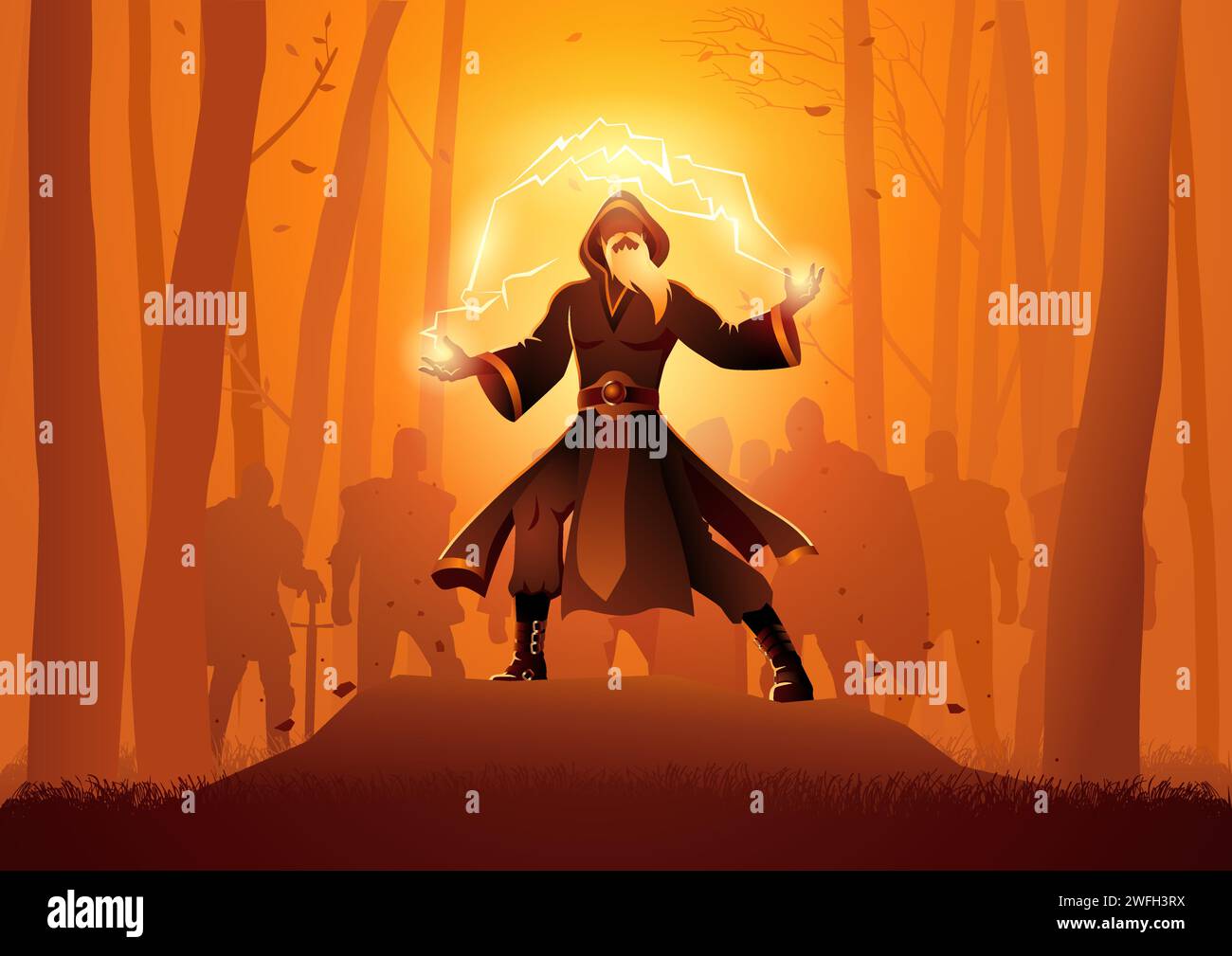 Sorcier jette un sort puissant enchanté dans les bois avec des chevaliers derrière lui, illustration vectorielle Illustration de Vecteur