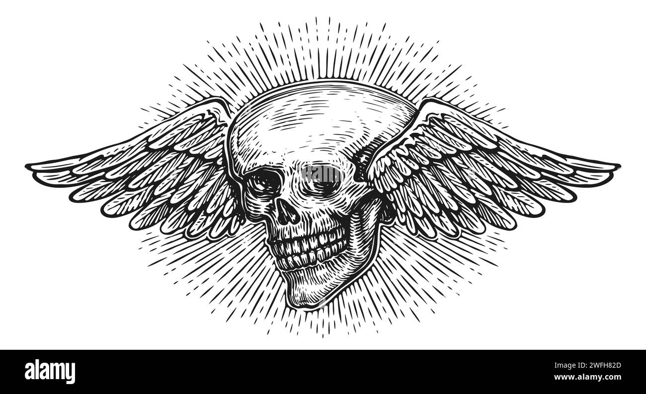 Crâne dessiné à la main avec des ailes dans le style de gravure vintage. Squelette ailé. Illustration vectorielle d'esquisse Illustration de Vecteur