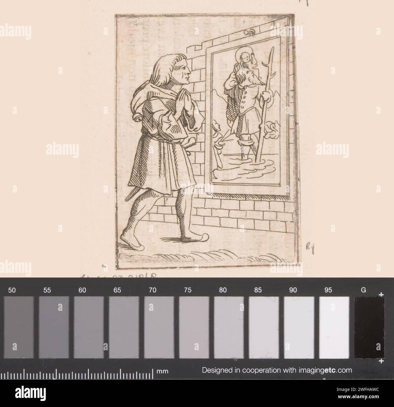 Priant pour une image de Saint Christoffel, Caspar Merian, d'après Hans Holbein (II), d'après Ambrosius Holbein, 1676 gravure sur papier imprimé / typographie impression du géant et martyr Christophorus ; attributs possibles : palmier (avec des grappes de dattes, ou desséché), Christ enfant. Folie, folie ; 'Pazzia', 'Sciocchezza', 'Stoltitia' (Ripa). bouffon de cour, idiot de cour Banque D'Images