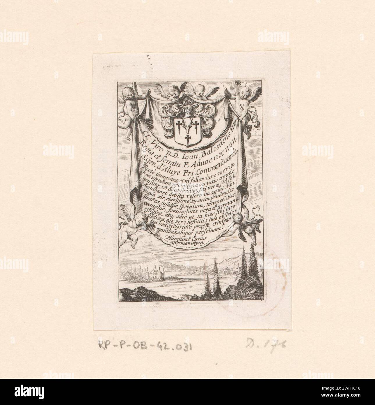 Tirage titre avec quatre putti une draperie avec texte persistant, Abraham bosse, 1636 tirage Paris gravure sur papier / gravure cupids : 'amores', 'amoretti', 'putti'. tentures et draperies Banque D'Images