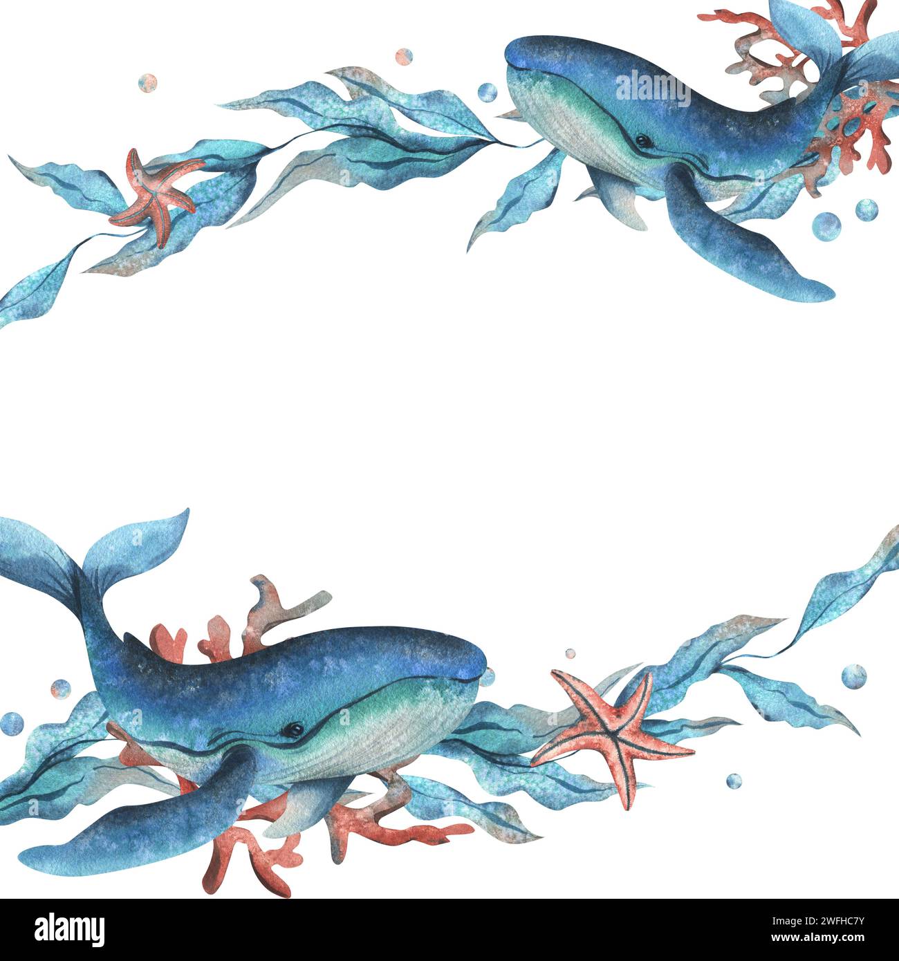 Clipart du monde sous-marin avec des animaux marins baleine, étoile de mer, bulles, corail et algues. Illustration à l'aquarelle dessinée à la main. Cadre, modèle isolé de Banque D'Images